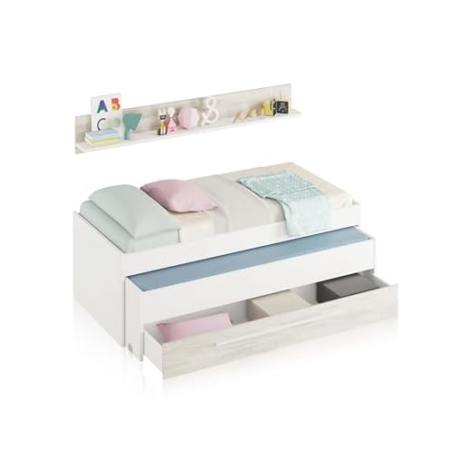 Habitdesign Cama Nido Juvenil, Dos Camas + Cajon + Estante, Cama Infantil, Modelo Elliot, Acabado en Color Blanco Artik y Blanco Velho, Medidas: 199 cm (Ancho) x 96 cm (Fondo) x 65 cm (Alto)