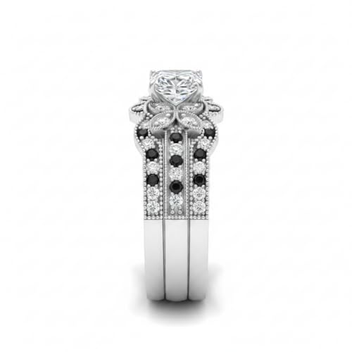 Image of Choose Your Gemstone Milgrain Petal Diamond CZ Wedding Ring Set 925 Sterling Silver Princess Shape Wedding Ring Sets Lightweight Office Wear Everyday Gift Jewelry US Size 4 to 12