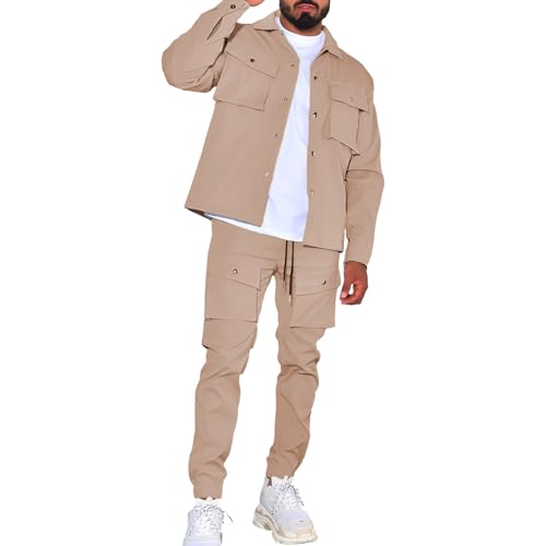 amropi Hommes Ensemble de Survêtement Veste à Boutons et Pantalons Cargo Jogging Combinaison avec Poches Marron, L