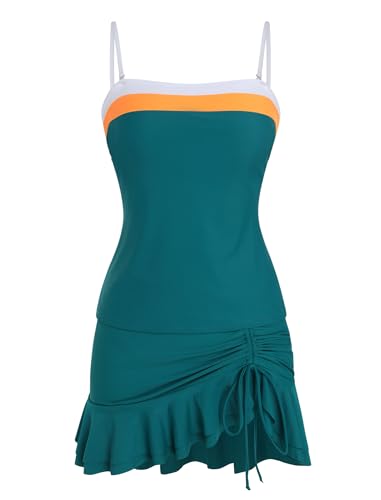 Image of ZAFUL Colorblock Bandeau Tankini Swimsuits for Women 2 Piece Tummy Control Bathing Suit Drawstring Ruffle Swim Skort