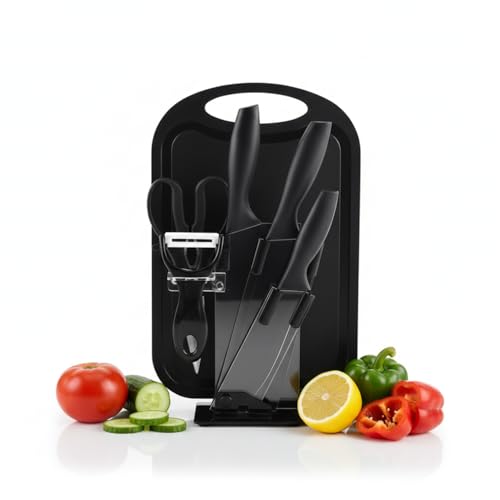 Image of Professional Piece Kitchen Knife Set - High Carbon Stainless Steel Chef, Utility & Santoku Knives with Ergonomic Blue Handles Knife (Black, Chopping Board)