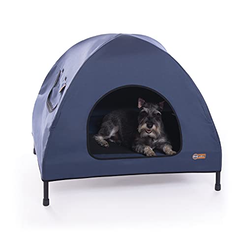 K&H Pet Products Pet Cot House for Medium Dogs, Outdoor Elevated Dog Cot House, Enclosed Canopy, Window Flaps for Air Flow, Washable Cover, Raised Metal Frame, Collapsible - Medium 32 X 25in Blue by K&H Pet Products - Used condition - US$39.99