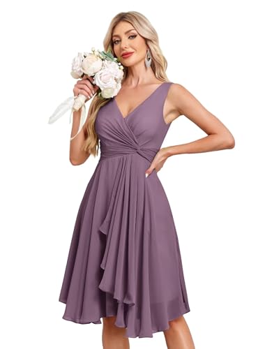 Image of Women's V Neck Short Bridesmaid Dresses 2025 Ruched Waist A Line Chiffon Formal Cocktail Party Dress