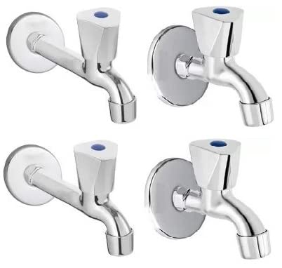 Spazio Stainless Steel Triangle Bib Cock with Long Body Combo Pack Foam Flow Water Taps with Wall Flange (Pack of 2) (Chrome Plated, Brass Disc)