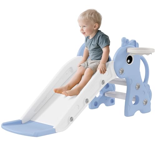 AIYAPLAY Tobogán Infantil 3 en 1 Tobogán para Niños de 1 a 3 Años con Escalera Canasta de Baloncesto y Diseño de Jirafa para Interior 106x51,5x52 cm Azul