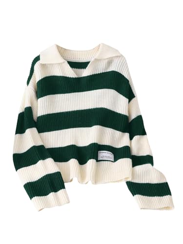 WDIRARA Girl's Striped Sweater Collar Long Sleeve Pullover Letter Patched Knitted Top