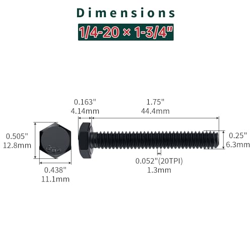 Image of 1 /4-20 x 1-3 /4 inch Hex Bolts with Nuts and Washers (10 Sets), 18-8 (304) Stainless Steel, External Hex Drive, Black Oxide Coated Hexagon Head Bolts Screws, Fayeploo