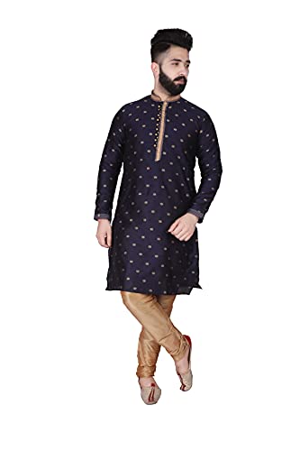 Pro-Ethic Style Developer Men's Silk Printed Kurta Set, Navy Blue (Medium)
