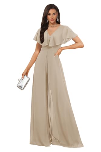 DGBHAO Womens V Neck Bridesmaid Jumpsuits Ruffles Maid of Honor Dress Chiffon Wide Leg Pants