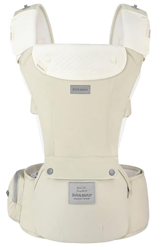 Image of Bebamour Baby Carrier Safety-Certified Hip Seat Baby Carrier Newborn to Toddler Baby Hipseat 0-36Months with Head Hood, 3 PCS Teething Pads, Waist Extender & Storage Bag (Khaki)