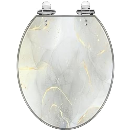 Round Toilet Seat Abstract marble dusty grey liquid watercolor gold lines gray Resin Toilet Seat with Quietly Close Quick Release Hinges Decorative Toilet Seat with Cover Easy to Clean and Install