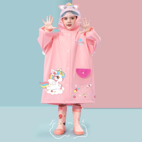 Image of SNOWIE SOFT Hooded Raincoat for Kids Wide Brim Raincoat for Kids 3-8 Years EVA Student Kids Rain Coat for Girls with School Bag Rain Cover Unicorn Print Recommended Height 80-125CM