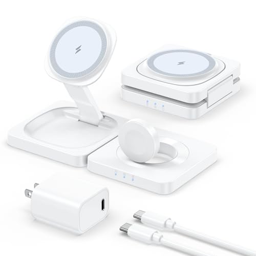 2025 Magnetic Wireless Charging Station - ADADPU 3 in 1 Foldable Mag-Safe Charger Stand for Multiple Apple Devices, Travel Charging Pad for iPhone 17 16 15 14 13 12 Pro Max Plus Apple Watch AirPods