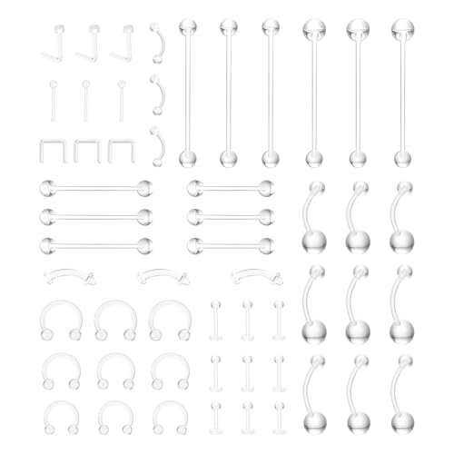 54PCS Clear Piercing Retainers Set, Multi Gauge Transparent Plastic Body Jewelry for Nose, Ears, Lip, Tongue, Belly Button, Eyebrow, Cartilage & Long Bar Piercings – Hypoallergenic for Work & Surgery