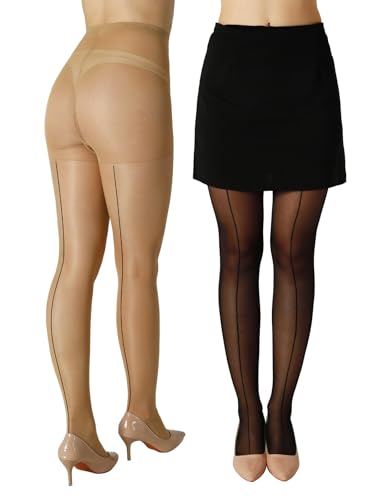 2 Pairs Backseam Sheer Tights For Women- 30D High Waist Control Top Pantyhose with Reinforced Toes