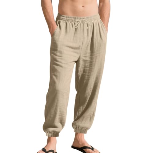 Mens Linen Straight Leg Relaxed Fit Lounge Trousers Elastic Waist Drawstring Summer Beach Cruise Wear Yoga Pants