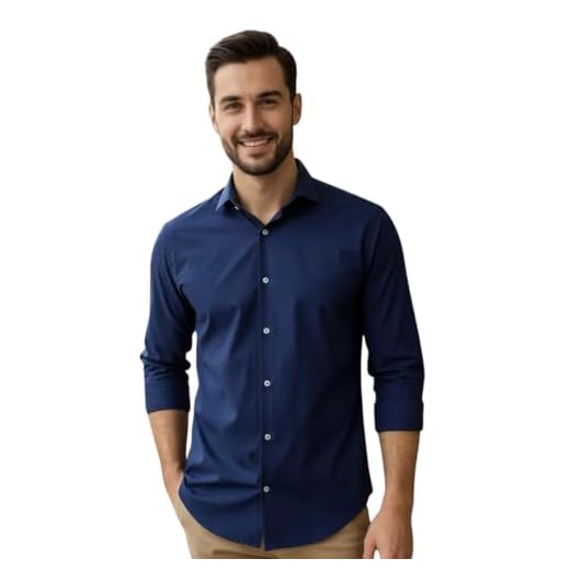 Camisa Social Masculina Manga Longa, Gola Italiana, Ajuste Regular, Poliéster (BR, Alfa, G, Regular, Azul Marinho)