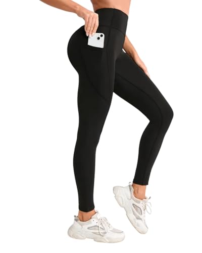 Image of USNA High Waisted Gym Leggings with Pockets, Tummy Control Workout Running Yoga Pants for Women, Fitness Training (UK, Alpha, L, Regular, Regular, Black)