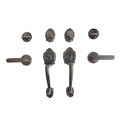 LOCKSET Double Reversal Front Door Hardware Set Luna, Heavy Duty Grip Entry Double Door Lock Set with Lever Handle Set and deadbolt, European Style, Antique Brass