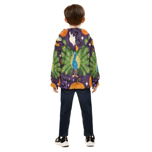 Halloween Peacock with Pumpkins Toddler Fleece Jacket Girl Boys Hooded Fleece Jacket Coat Warm Outwear Zip-up 3-10T4