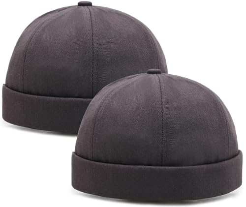 Image of 2 Pcs Mens Brimless Docker Cap Set - Retro Worker Sailor Skull Cap Beanie with Rolled Cuff