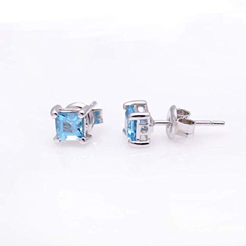 925 Sterling Silver Natural Topaz Gemstone Earrings Studs, Princess Cut, Blue