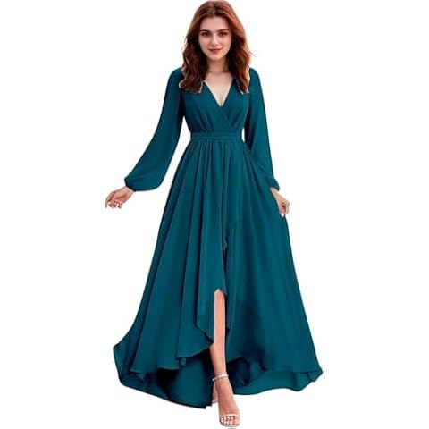 Faxpox Women's Peacock Bridesmaid Dresses for Women 2024 Chiffon V-Neck Ruched Formal Plus Size Fall Wedding Guest Dresses for Women Long Sleeve US24 Cover