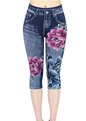 ORANDESIGNE Femme Jeggings Court Ete Capri Jean Pantacourt Taille Haute Leggings Imitation Jeans Pantalon Grande Taille Ceinture Elastiquée Slim Jeggings...