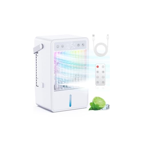 Climatiseur Mobile Portable, Mini Climatiseur 1500ML, Refroidisseur d'air Fourni avec Télécommande & USB, 5 Intensités + 3 Modes, Minuterie Intégrée 2-10H, Lumière Colorée, Adapté Aux Petites Pièces