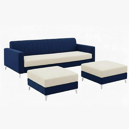 Image of Amelia 5 Seater L Shape Sofa Set with 2 Movable Ottomans | Flexible Layout | Rich Velvet Suede Fabric | Silver Legs | Spacious Soft Seating | Modern Sofa for Living Room (Dark Blue-Cream)