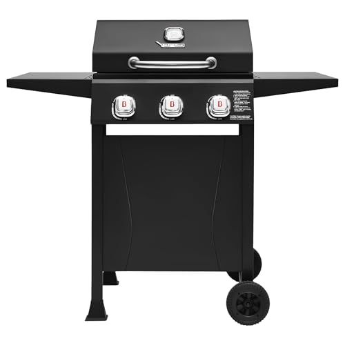 Brand-Man 3-Burner Propane Gas Grill, 27,000 BTU BBQ Grill with Porcelain-Enameled Grates, Built-In Thermometer, Side Shelves, Heavy-Duty Wheels – Outdoor Grill for Patio, Backyard & Garden