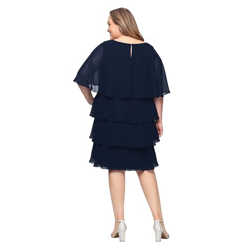 Image of S.L. Fashions Women's Plus Size Tiered Chiffon Cocktail Party Dress with Attached Cape & Beaded Shoulders