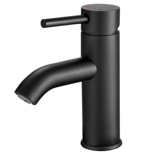 GENBONS Wasserhahn Bad Schwarz, Einlochmontage Waschbeckenarmatur Einhebelmischer, Matt schwarz Badarmatur, Waschtischarmatur, Wasserhahn schwarz, Edelstahl