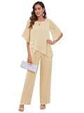 HIZWI Champagne Grandmother of The Bride Pant Suits for Women Dressy Chiffon 2 Pieces Mother of The Groom Outfits with Sleeves Size 16