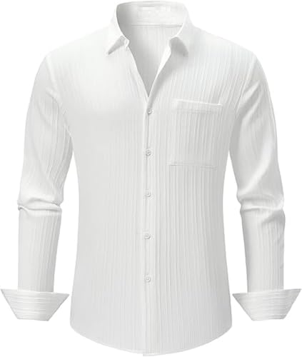 DEELMO Men's Regular Fit Button Down Dress Shirts Textured Long Sleeve Casual Hawaiian Beach Shirt with Pocket