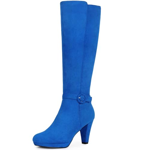 Perphy Low Platform Chunky Heels Buckle Knee High Boots for Women