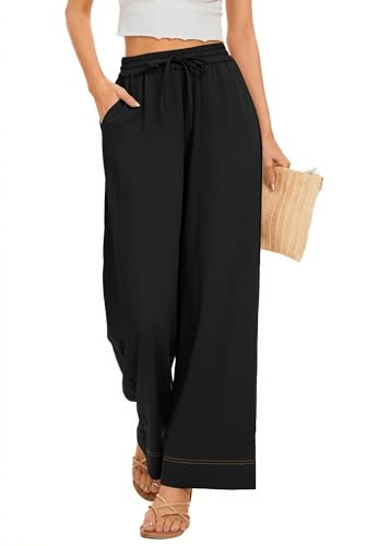 Image of KICZOY Women Flowy Pants Drawstring Waist Wide Leg Palazzo Beach Pants Loose Fit with Pockets