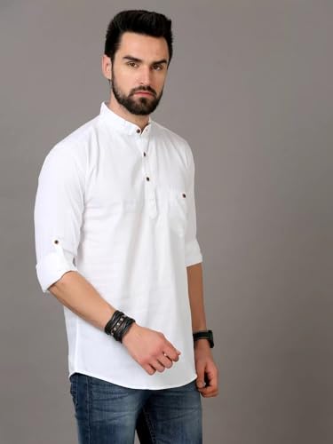 Image of DEEMOON Men's Cotton Blend Full Sleeve Short Kurta with Mandarin Collar Crafted from a Premium Cotton Blend