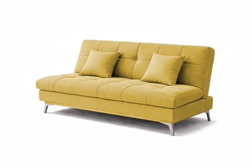Image of Krancy Solid Wood 3 + 2 Seater Sofa Cum Bed with 2 Cushions | Convertible Wooden Couch for Living Room, Home & Office | Modern Designer Furniture | 3 Years Warranty | Yellow