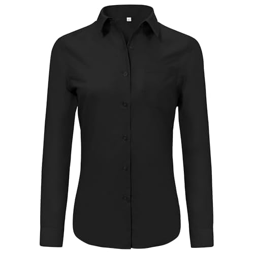 Button Down Shirts Women Wrinkle-Free Dress Shirt Long Sleeve Collared Work Office Business Soft with Pocket Large 00025_black
