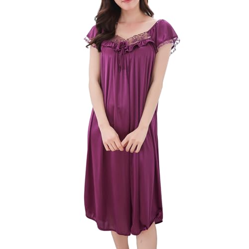 Sinzelimin Women's Ice Silk Nightdress Fashion Lace Ruffles Mesh Pachwork Boat-Neck Cap Sleeves Pj's Dress Sleepshirts Purple