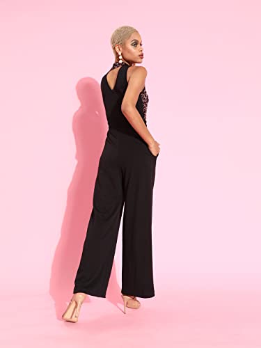 Image of Miss Chase Women's Halter Neck Sleeveless Solid Wide Leg Sequin Paneled Regular Length Jumpsuit