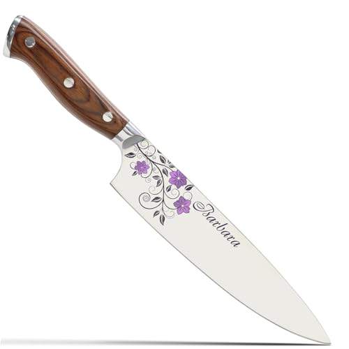 Image of Color Laser Engrave Custom Personalized Chef Knife with Blade Cover and Velvety Red Interior Box Premium Stainless Steel- Personalized for Wife, Mother, Friend (Purple)