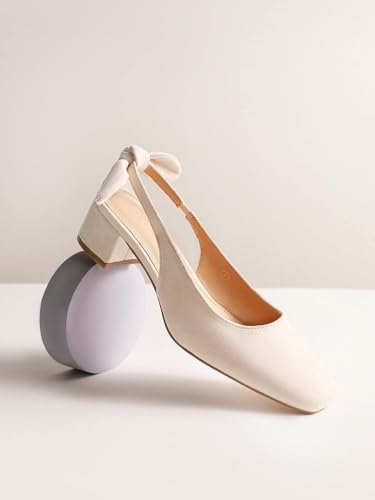 Image of Coutgo Womens Chunky Low Heels Bow Slingback Pumps Closed Square Toe Wedding Party Dress Shoes
