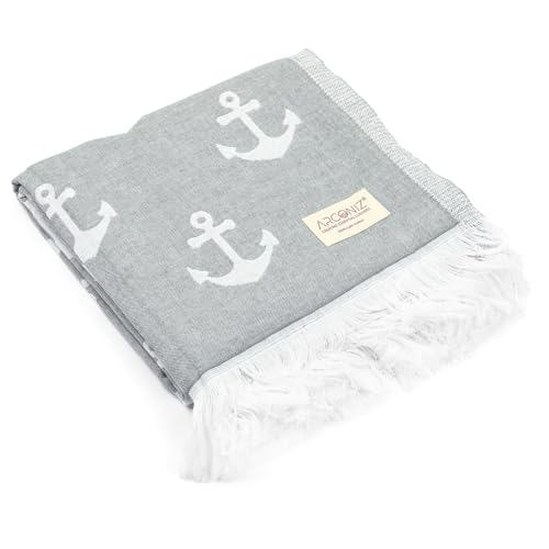 Toalla de playa turca de doble cara, 100 % algodón de fibra larga, suave, absorbente, de secado rápido, sin arena, prelavada, toallas para playa, piscina, viajes, tamaño 38 x 74 pulgadas (gris)