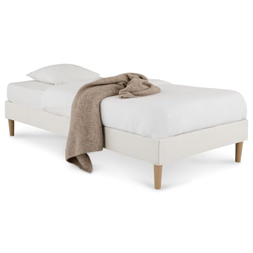 IDIMEX Sommier tapissier PAIMPOL 90 x 190 cm Structure en Bois et revêtement en Tissu Blanc crème, Cadre de lit avec Pieds et sommier à Lattes pour 1...