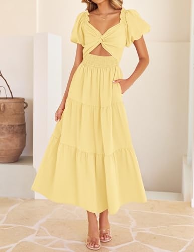 Image of ZESICA Womens Summer Casual Flowy Vacation Maxi Dress 2026 Short Puff Sleeve A Line Smocked Cutout Beach Party Dresses