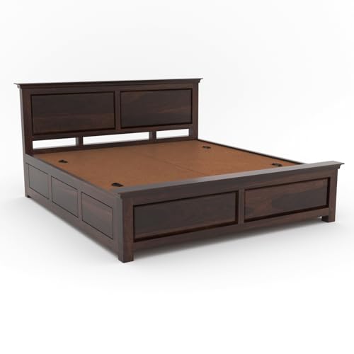 Image of Sheesham Wood Queen Size Bed with Storage Box | Wooden Box Bed Queen Size Double Cot Bed with Storage for Bedroom | Premium 2 Dalla Design Headboard Bed for Living Room | Walnut Finish