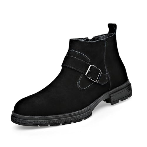 Men's Suede Buckle Low Block Heel Chelsea Ankle Boots with Zipper Retro Round Lug Sole Non-Slip Warm Plush Lining Business Chukka Booties