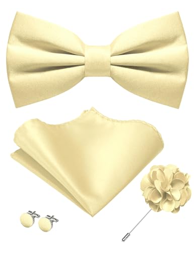 JEMYGINS Pre-tied Light Yellow Bow Tie and Pocket Square Cufflinks Lapel Pin Sets for Men Wedding Party(38)